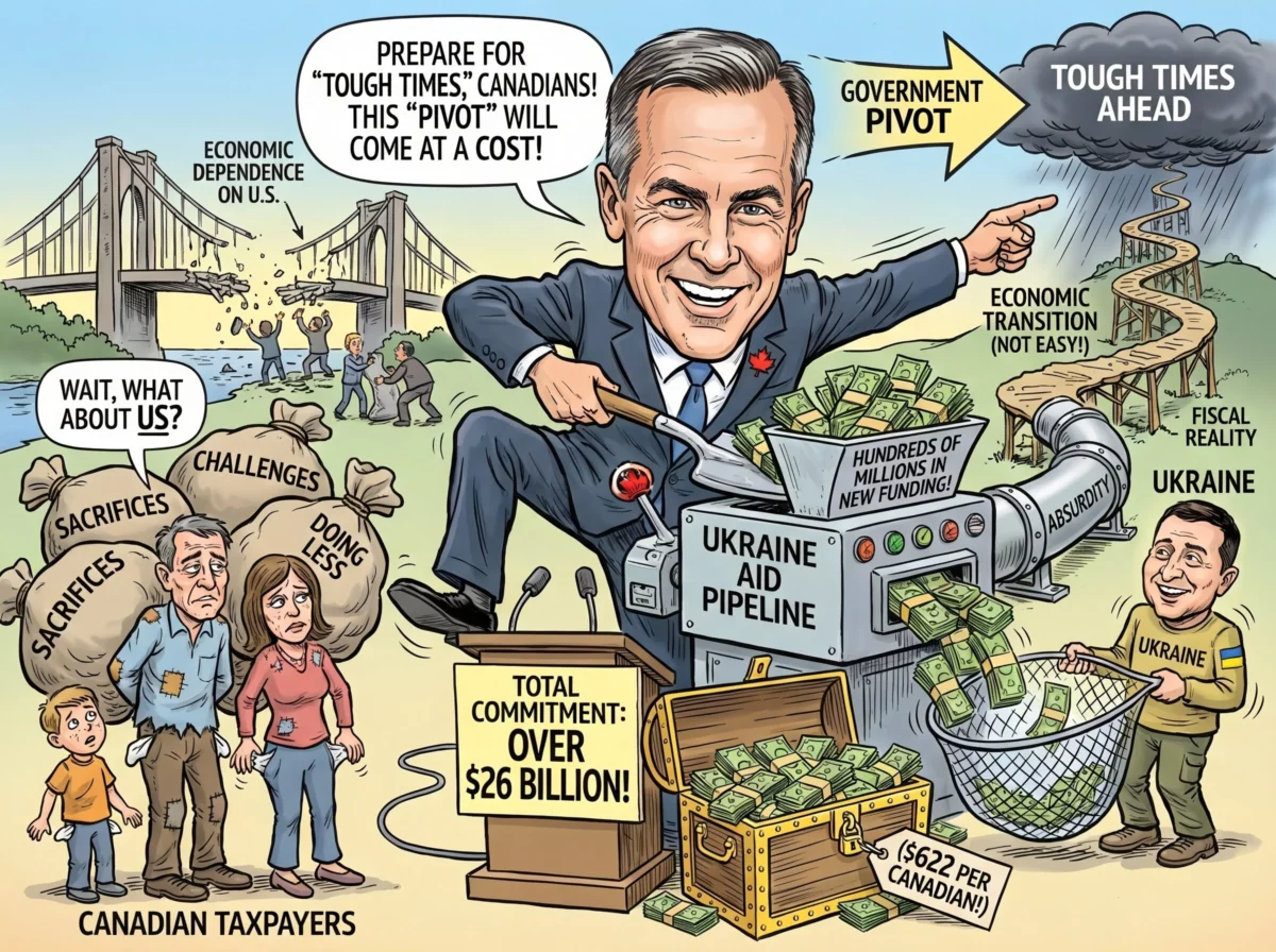 Political cartoon showing Prime Minister Mark Carney shovelling bundles of cash into a “Ukraine Aid Pipeline” as struggling Canadian taxpayers look on. Signs cite more than $26 billion in commitments—$622 per Canadian—while Carney warns of “tough times” ahead.