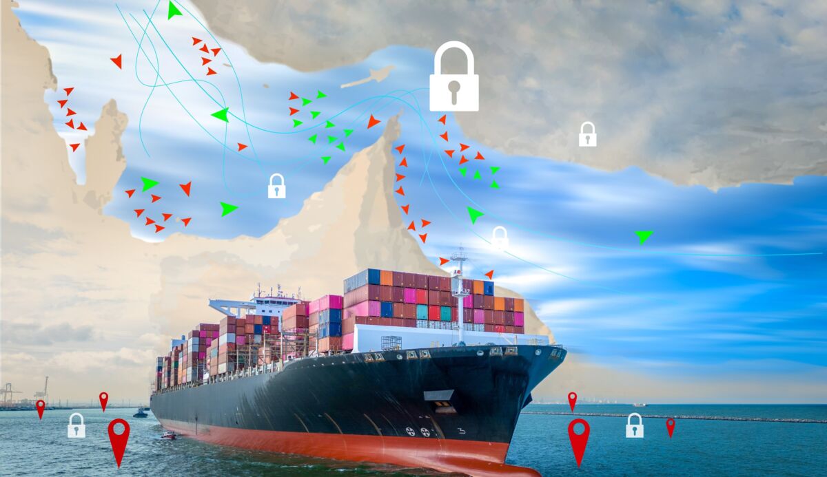 Illustration of a container ship over a map of the Strait of Hormuz, surrounded by shipping-route arrows, location pins and padlock symbols representing restricted or controlled maritime passage.