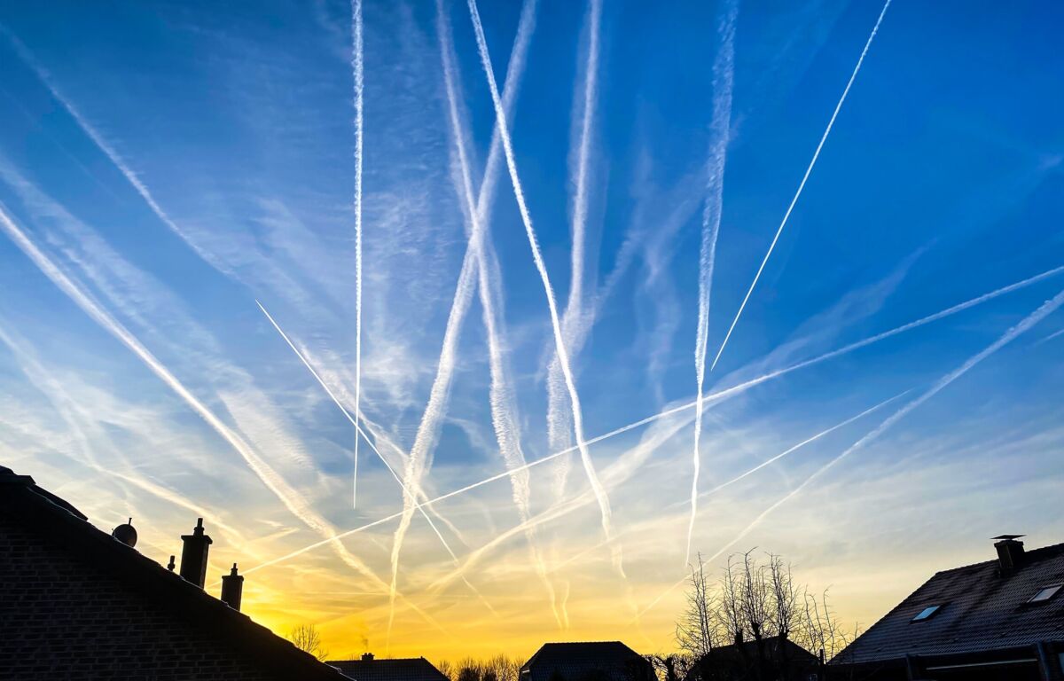 Numerous intersecting airplane chemtrails spread across a blue sky above silhouetted rooftops at sunset.