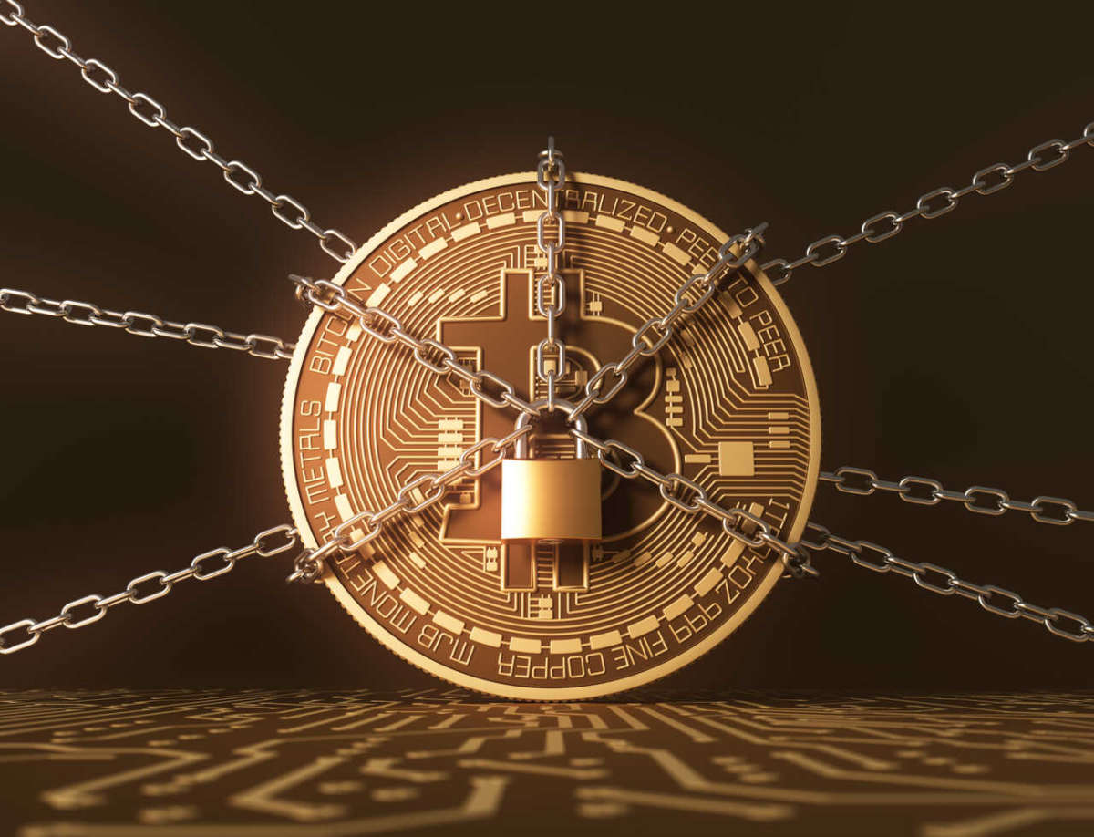 Locked,bitcoin,with,chains,on,printed,circuit,board.,3d,illustration.